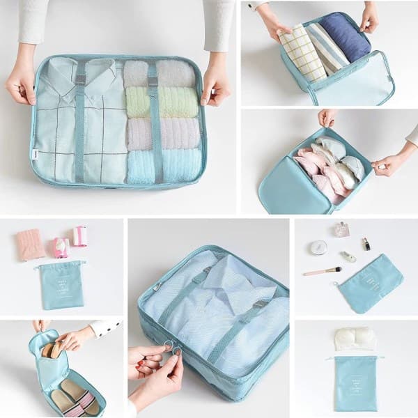 Resepackningsset, packningskuber, klädväskor, skopåsar, organizer, packningskuber, kosmetika (8 stycken)