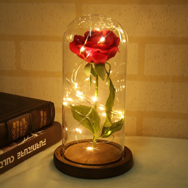 IC Rose Vas Skönhet Bordslampa Röd Rose Med Led ljus glaskupol Alla hjärtans dag present