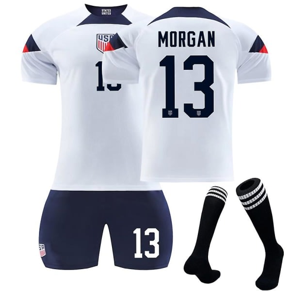 Usa tröja Hemma VM Qatar 2022 Morgan #13 Fotbollströja T-shirt Shorts Kit Fotboll 3-delade set för barn Vuxna Kids 26(140-150cm)