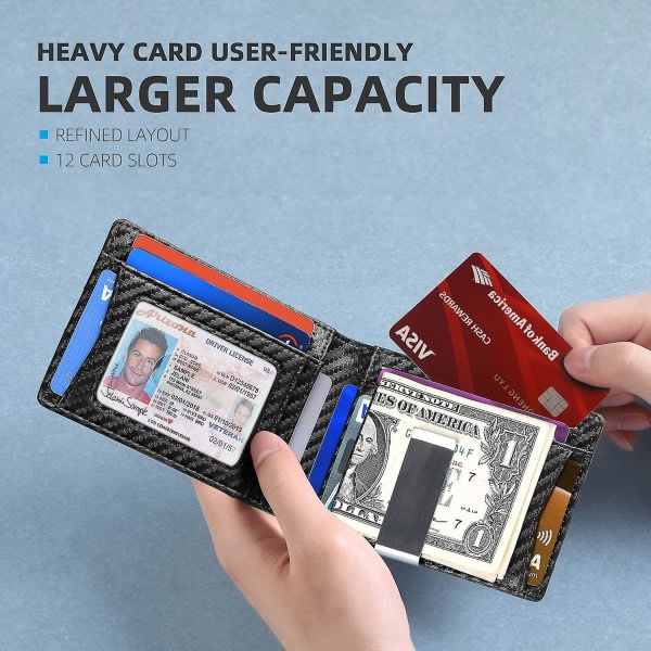 IC Tunn plånbok for mænd med stor kapacitet med 12 pladser Rfid-blokerende enkelt kolfibersvart sort