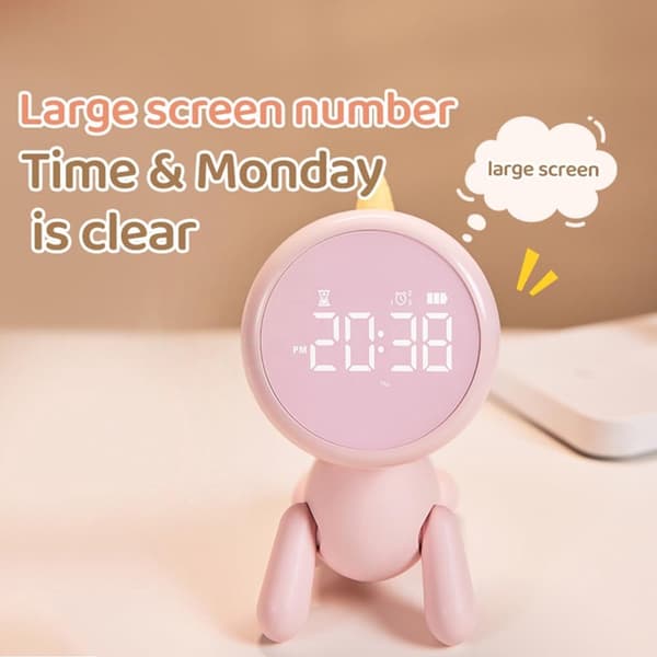 Barnväckarklocka, LED-nattlampa, digital display, 6 toner, timer, USB-C uppladdningsbar, för barnrum, vit, 11,9x7,4x16,7 cm