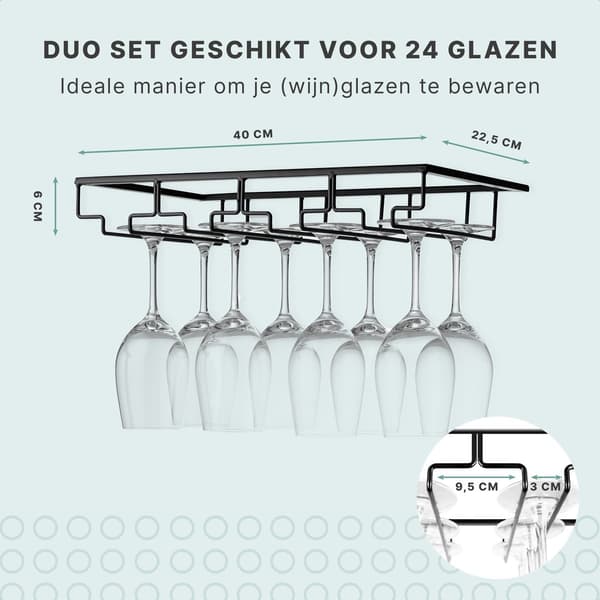 Vinglasholder under skab 2-pak stilkglasstativ til 24 glas mat sort metal hængende opbevaring til køkken bar café