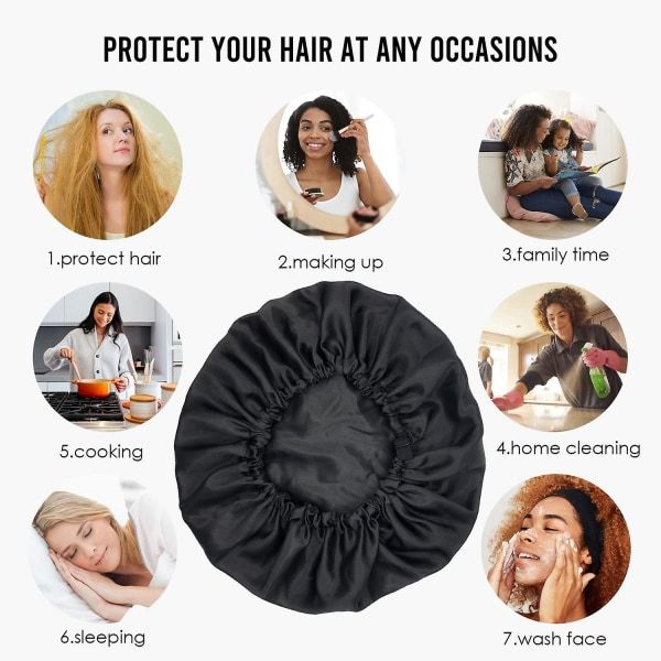 1:a SVART Satin Bonnet Silkesbonnet För Att Sova Hår Bonnets För