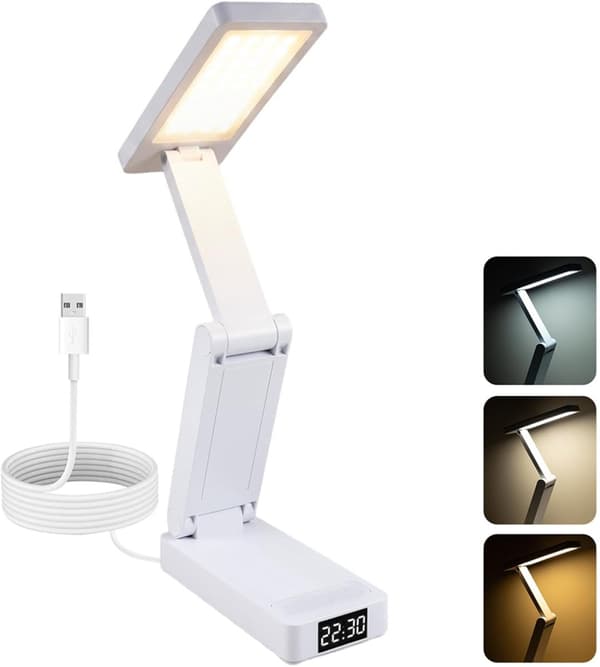 Sammenleggbar LED-bordlampe, oppladbar USB-C med 3 lysfarger, dimming, timer og klokke for studie, kontor og soverom, hvit
