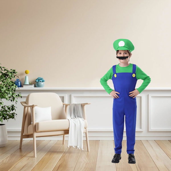 Luigi-dräktset, Luigi-dräkt, Bros, Maskeraddräkt, Kvinnor, Män, Outfit för jul, karneval, maskerad Children boys green XL