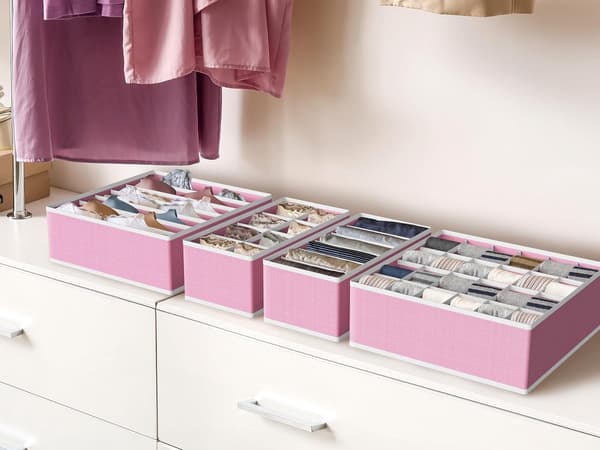 Sammenfoldeligt stofskuffeorganizersæt til sokker, undertøj, bh'er og slips, robuste opbevaringskasser til skab og kommode, pink