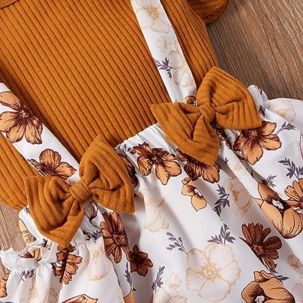 IC Baby flickor sommarkläder sett volanger ärm topp T-skjorte blommig suspendel shorts Pannband (brun, 90 cm)