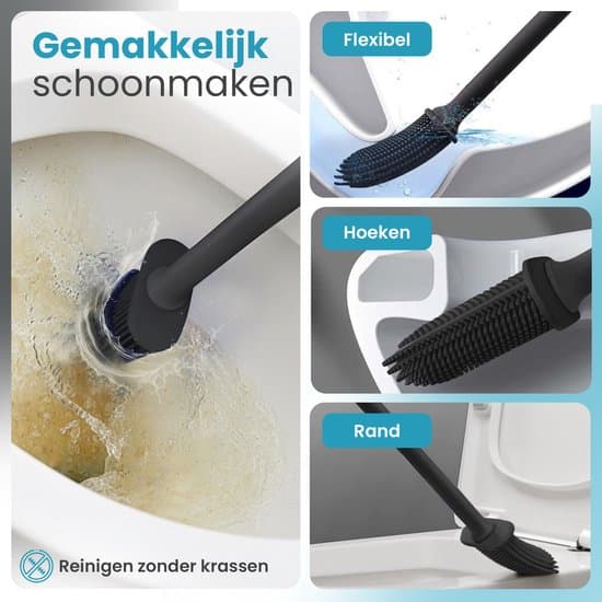Toalettborste i silikon med hållare, 2-pack, självhäftande väggmontering, snabbtorkande flexibla borst för badrum, svart