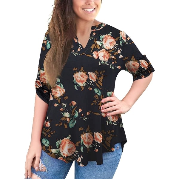 Dame Topper 3/4 Rullærmet Skjorte med V-Hals Plus Size Bluser
