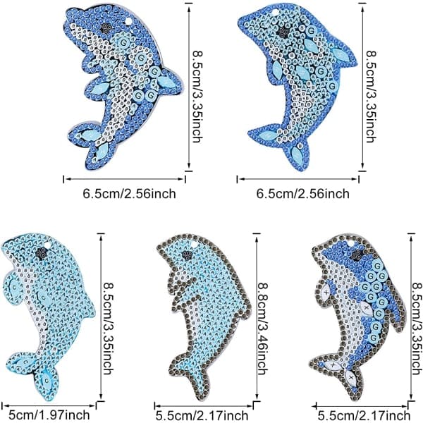 5 stykker 5D DIY Delfin Diamantmaleri nøgleringe, Rhinestone D IC