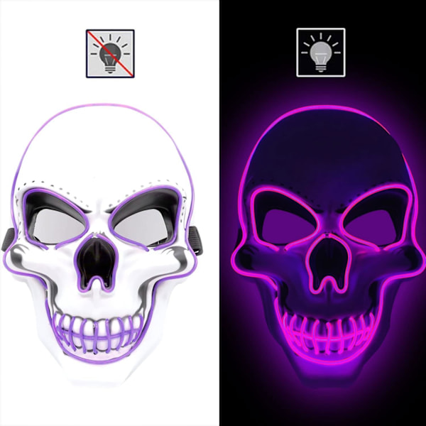 Halloween LED-maske, LED-skjelettmaske, LED-rengjøringsmasker, skrekkmaske, halloweenmaske, for karneval, halloween, cosplay og fester Purple