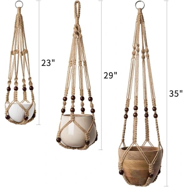 3-pack makrame-växthängare i bomullsrep med pärlor för inomhus- och utomhusbruk, heminredning, gul 58/73/89 cm Gul