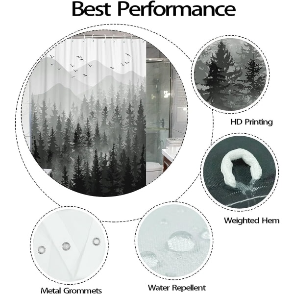IC Svartvitt Misty Forest Set Grå Grå Ombre Vattentät Tyg Duschdraperier Nature Tree Mountain (72'' × 72'', Svart)