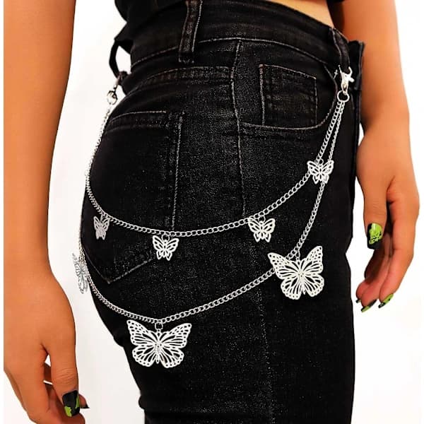 Sommerfugl Buksekæde Sølvbelagte Jeans Kæder Punk Goth Pung Tilbehør til Kvinder og Mænd