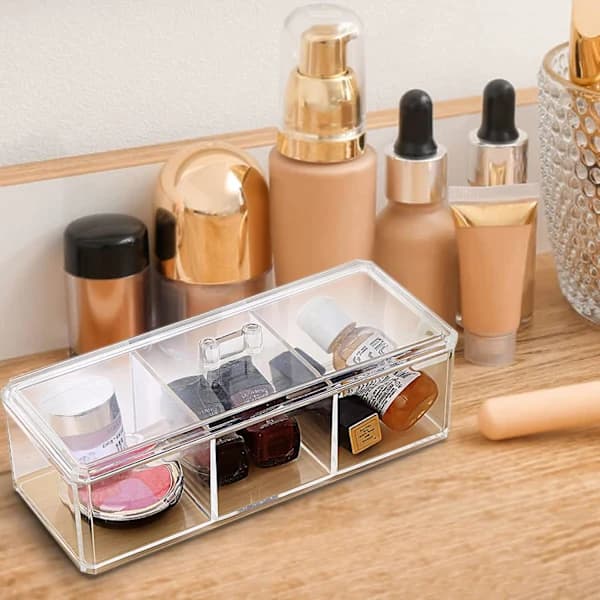 1 pc Square Qtip Holder, 3-Compartment Cotton Pad and Pad Organizer, Clear Acrylic Containers with Lids for Bathroom Vanity