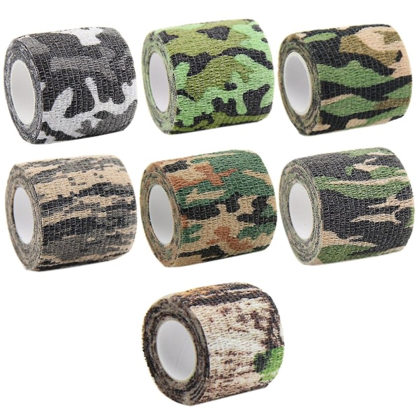 IC Kamouflagetejp, 7 rullar Multifunktionell självhäftande non-woven stretchbandage för hagelgevär Jakt Camping Wrap Protect (7 färger)--