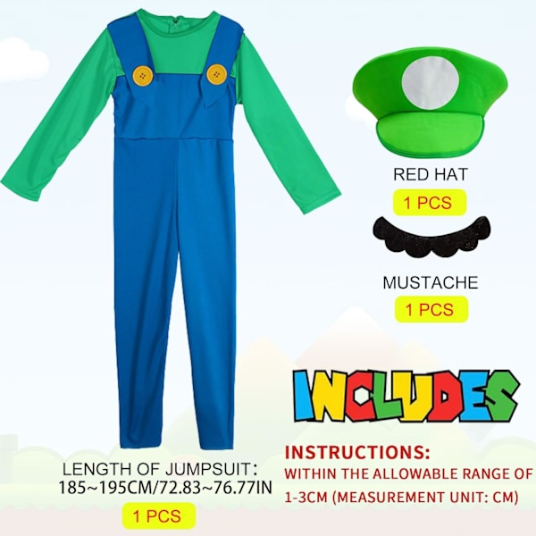 Luigi-dräktset, Luigi-dräkt, Bros, Maskeraddräkt, Kvinnor, Män, Outfit för jul, karneval, maskerad Adult-man-green XL
