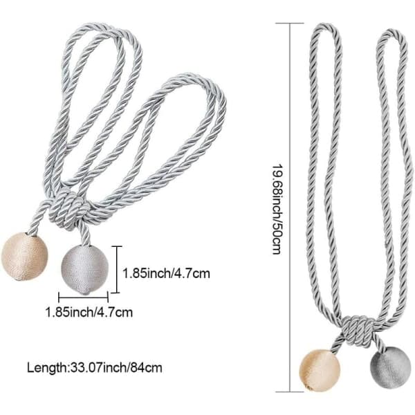 Gardinknytband med 2 bollar (silvergrå-beige), bolldiameter 4,6 cm, total längd 46 cm
