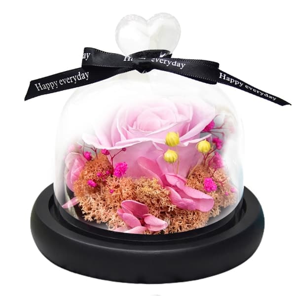 IC Evig blomsterdekoration rose med bundmose kærlighedsglas pink