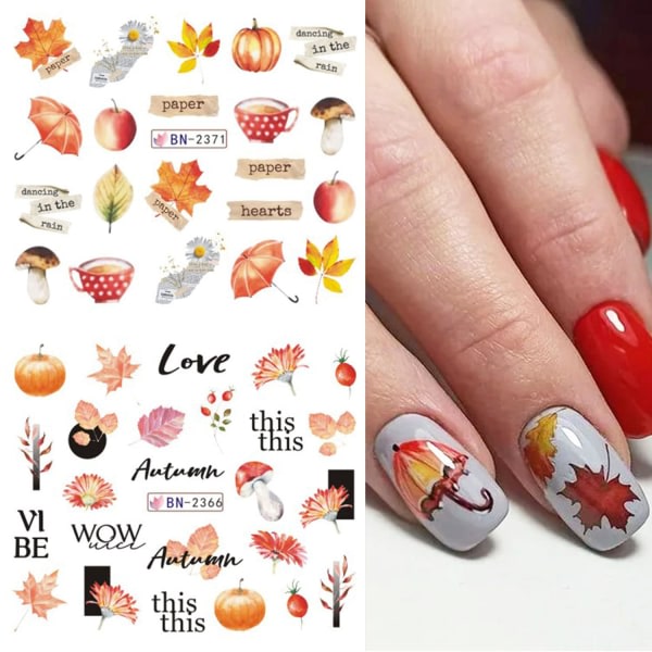 IC Maple Leaf Nail Art Stickers Dekaler Höst Thanksgiving Nageldekoration Vattenoverføring Höstlöv Pumpa Fox Owl 12 ark