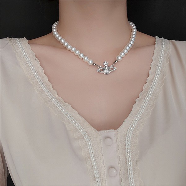 Halsband Vintage damer Saturn halsband hänge glänsande Rhinestone sølv