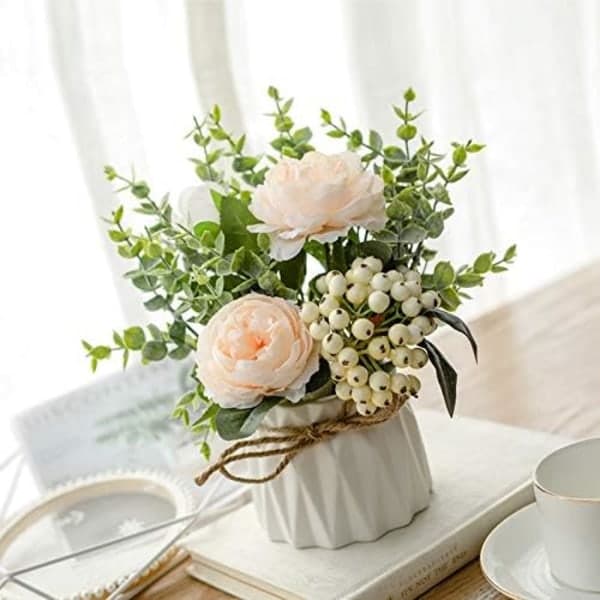 Kunstblomster med Keramik Vase - Kunstig Rose - Blomst