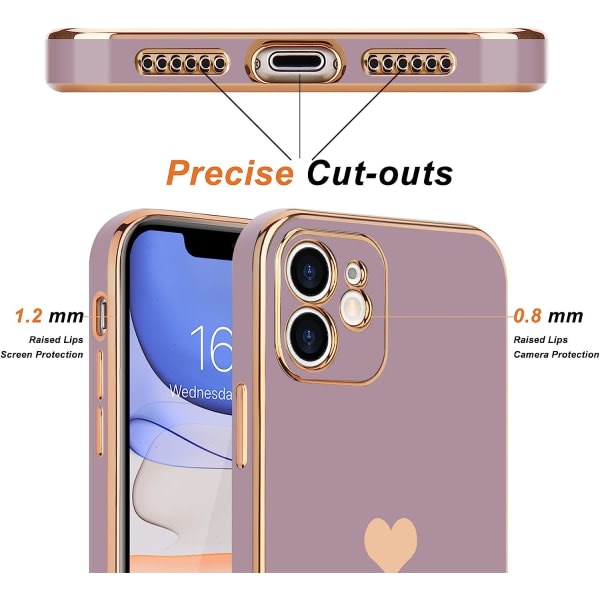 IC Kompatibelt iPhone 11-etui for jenter og kvinner Søt Love-Heart Luksus Bling Belegg Mykt deksel Forhøyet kamerabeskyttelse, lavendel