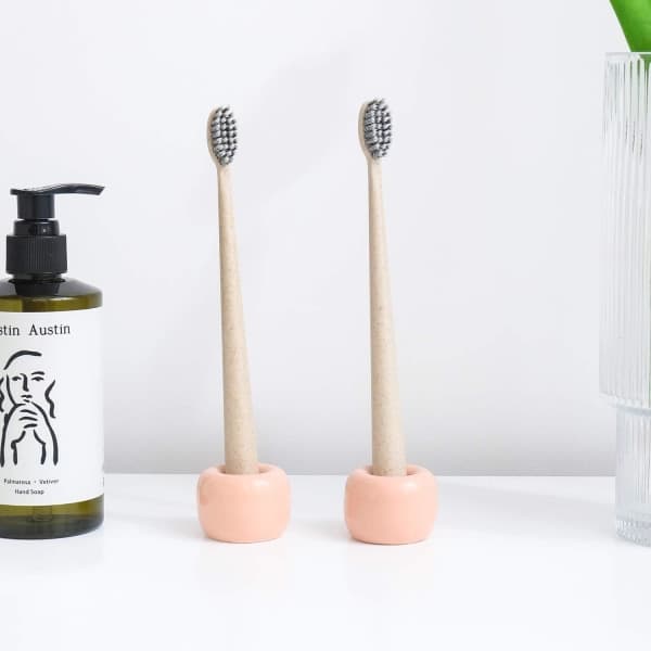 IC Mini Keramik Handgjorda Par Tandborsthållare Ställ för Badrumsskåp, Persika, 2-pack