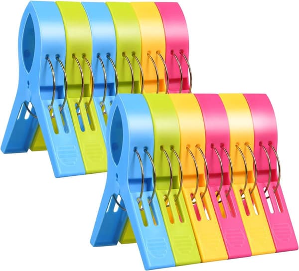 12 strandklemmer - Holdbare, store, farverige plastikklemmer - til håndklæder, dyner, lagner, duge - 12 cm