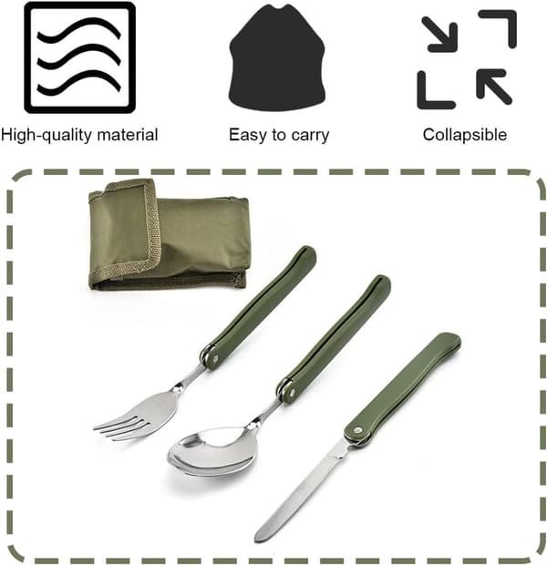 Sammenfoldeligt campingbestiksæt, 304 rustfrit stål gaffel kniv ske med opbevaringspose, til rejser, picnics, vandreture, militærgrøn