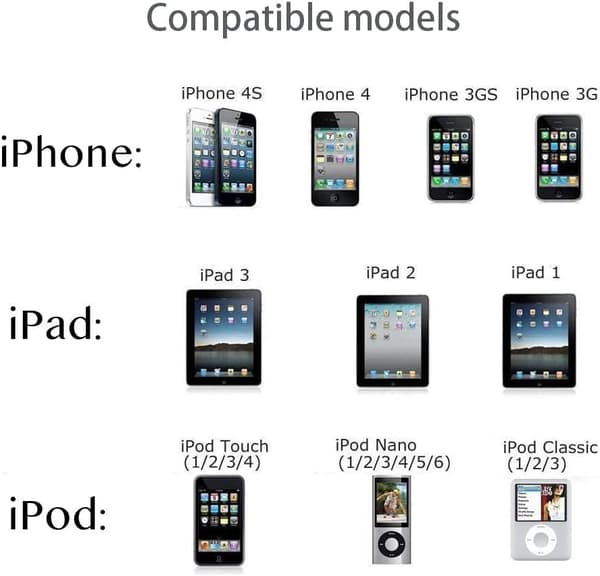 Laddare och kabel kompatibel med iPhone 4/4S, iPad 2/3/1, iPod Nano/Touch