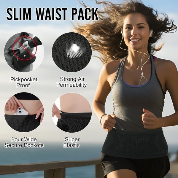 Slim Fit Löparbälte med 4 Säkra Stora Fack, Fukttransporterande Workout Fanny Pack, Midjeväska för Löpare, Fitness, Träning Svart L Black L