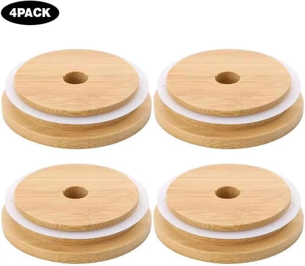 4-pack breda murarburkslock, återanvändbara bambukonserveringslock med sugrörshål, läckagesäkra, 86 mm