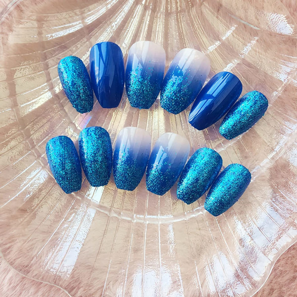 IG Medium Coffin Press-on Nails, Blå Gradient Falske Negle, Glitter