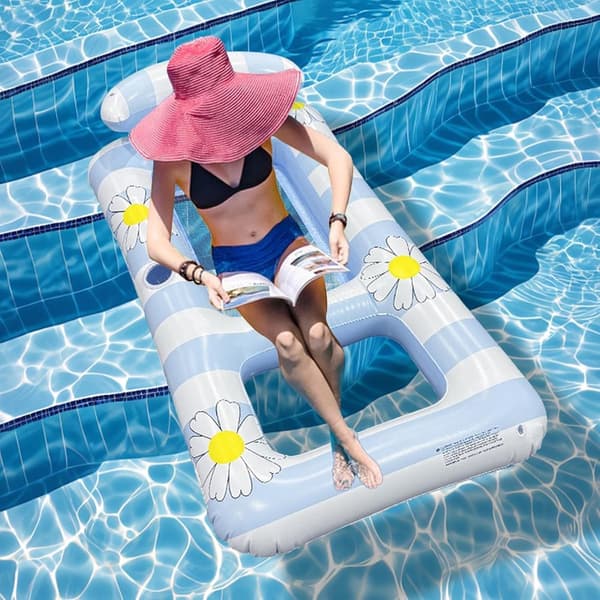 Oppustelig pool-flydestol med nakkestøtte, netoverflade, foldbar vand-lounger til pool, sø, hav og camping, blå, 154x82 cm