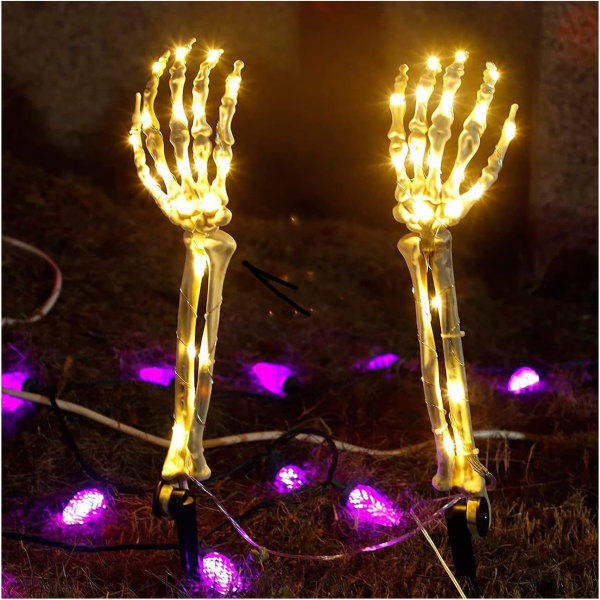 IC Halloween Utomhusdekorasjoner, sett med 2 opplyste skeletthender, 40 LED-lys, selvlysende dekorasjon for julfest, innendørs- og utendørsdekorasjon