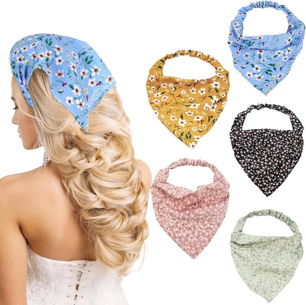 Blomstret Hårskjerf Pannebåndsett, Chiffon Elastisk Boho Bandana Hodeplagg for Kvinner, Én Størrelse, 5 Farger