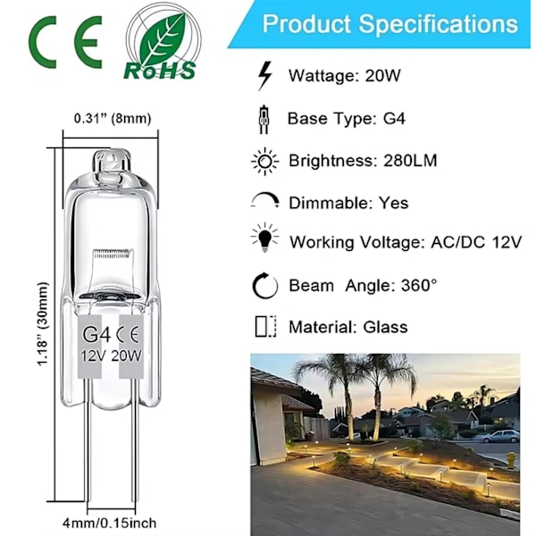 20-pakke G4 halogenpærer 20W 12V - Varmt hvitt