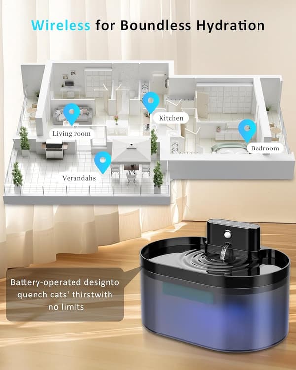 Trådløs vannfontene for katter, 2L oppladbart batteri, bevegelsessensor, firelagsfiltrering, tre moduser, for innekatter, svart