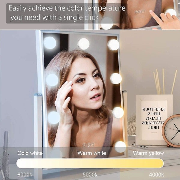 Hollywood-spejl med lys Stor oplyst sminkspegel sminkspegel sminkspegel smart touchkontrol 3 farver Dimable Light Aftagelig