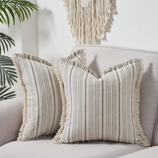 IC Moderne Landlig Dekorative Putetrekk 18x18 sett med 2, grå og beige striper teksturert trekk for sofa, Boho frynset