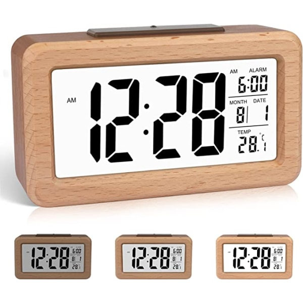 IC Lätt att ställa in digital väckarklocka i trä med temperatur