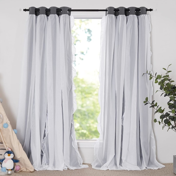 IC Dekorative Vinduebehandlinger Dobbelt Gardin Plisseret Skørtet Landlig Rustik Design, B 132,88 x L 213,36 cm, Grå, 2 stk