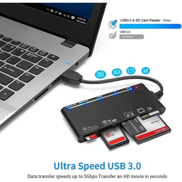 Kortleser USB 3.0, 7 i 1 minnekortleser USB 3.0 High Speed
