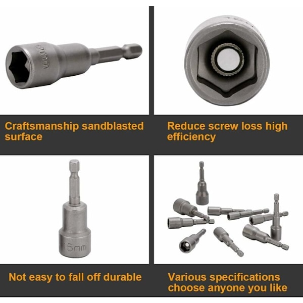 10 stk. Slagtrekkerpipebits 6-15mm Sett Magnetisk Hex Pipe Sett Magnetisk Bor Bit Hex Pipe Sett 1/4 Tomme for Hurtigskift Chuck