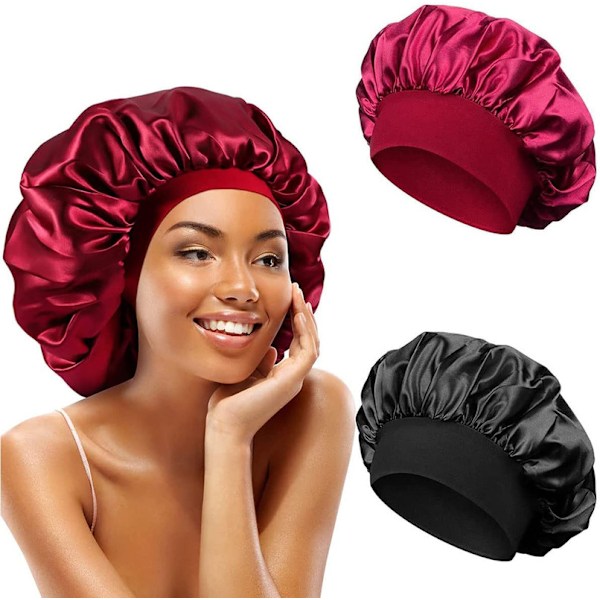 2 kpl Unikokoinen Satininen Nukkumismyssy - Satin Bonnet - Nukkumismyssy (Punainen + Musta)