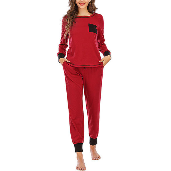 Pyjamas Set med Långärmad Topp och Byxor Vinröd, XL