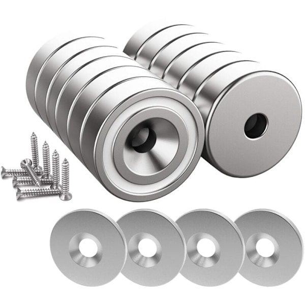 12 kappaletta Neodyymimagneetteja 10 kg vetovoima 20 x 7 mm reiällä ja kapselilla, uppokantaruuvimagneetti ruuveilla ja 12 teräslevyllä (kiiltävä hopea)