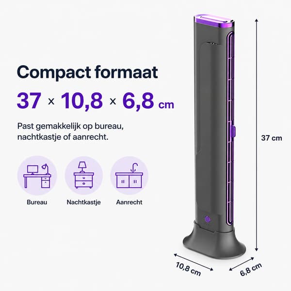 Bladeless skrivebordsventilator, 3-i-1 skærm- og tårndesign, genopladelig USB, støjsvag 3-hastighed, til kontor og studie, grå lilla, 37 cm