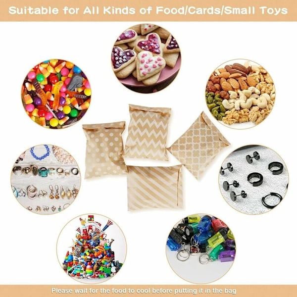 100 stk. Kraftpapir slikposer, slik, kager, favoritter, snacks, buffet, dagligvareemballage, 4 forskellige stilarter, ingen voks, søde poser, festartikler 13 x 18 CM